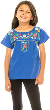 Traditional Puebla Mexican Youth Girl Embroidered Blouse Size 4-14